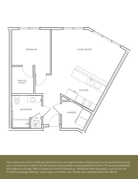 Floor plan for 1 bed, 1 bath, 785 sqft